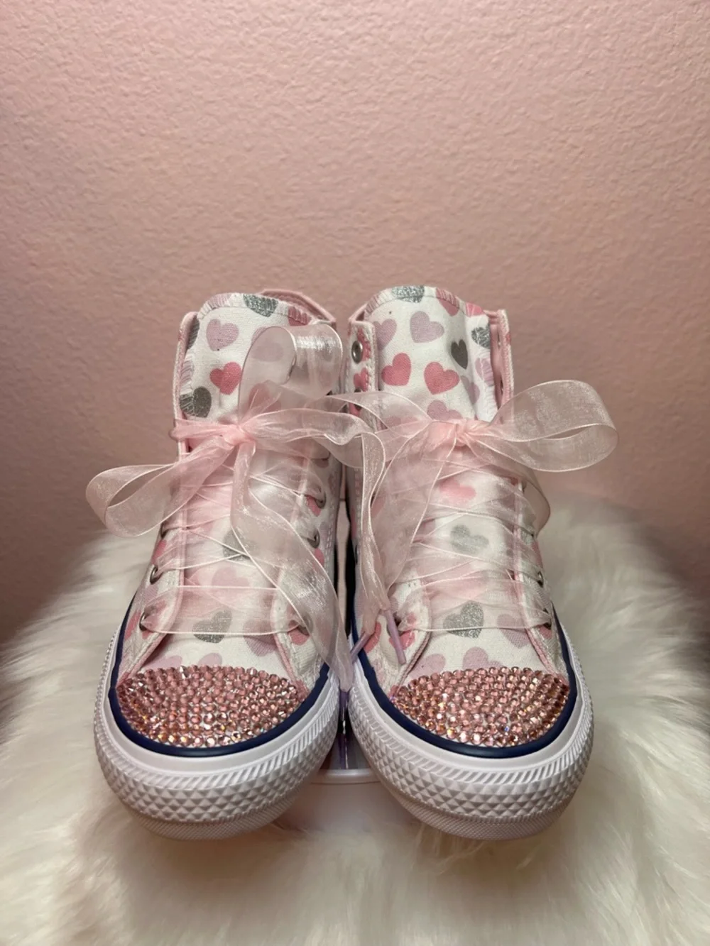 Custom Converse Kids Pink Heart High-Top Sneakers with Rhinestone Toe